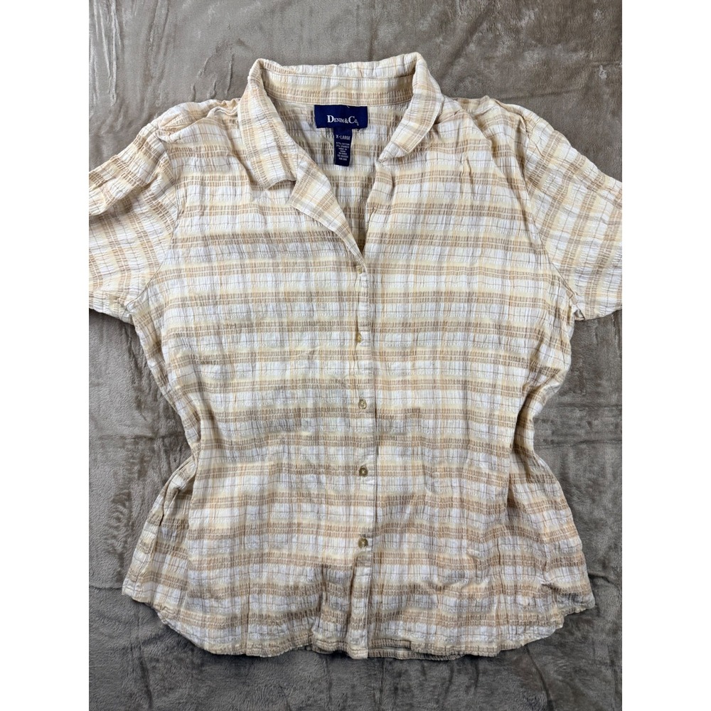Denim &‎ Co Womens XL Tan Plaid Crinkle Seersucker Short Sleeve Button Earthy